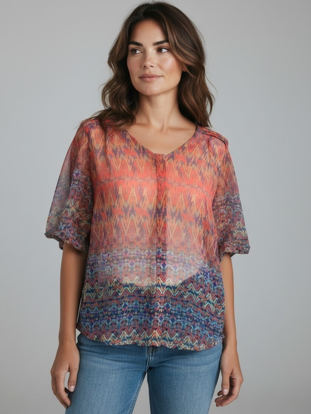 Sheer Printed V-Neck Blouse in Coral Multi